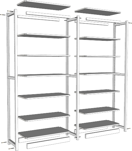 Exploded view of Lundia shelving showing how uprights, cross rails and shelves fit together