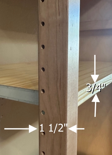 Upright stile 1 1/2 inch wide with a 3/4 inch thick solid pine shelf